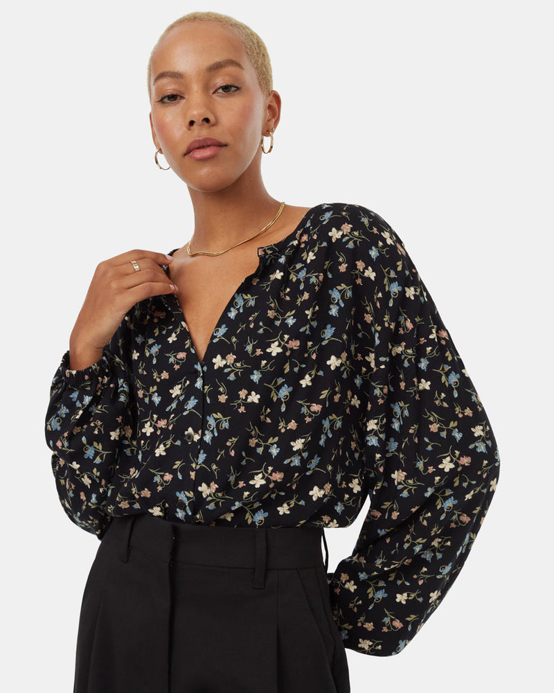 Black-V-Neck-Crepe-Long-Sleeve-Blouse