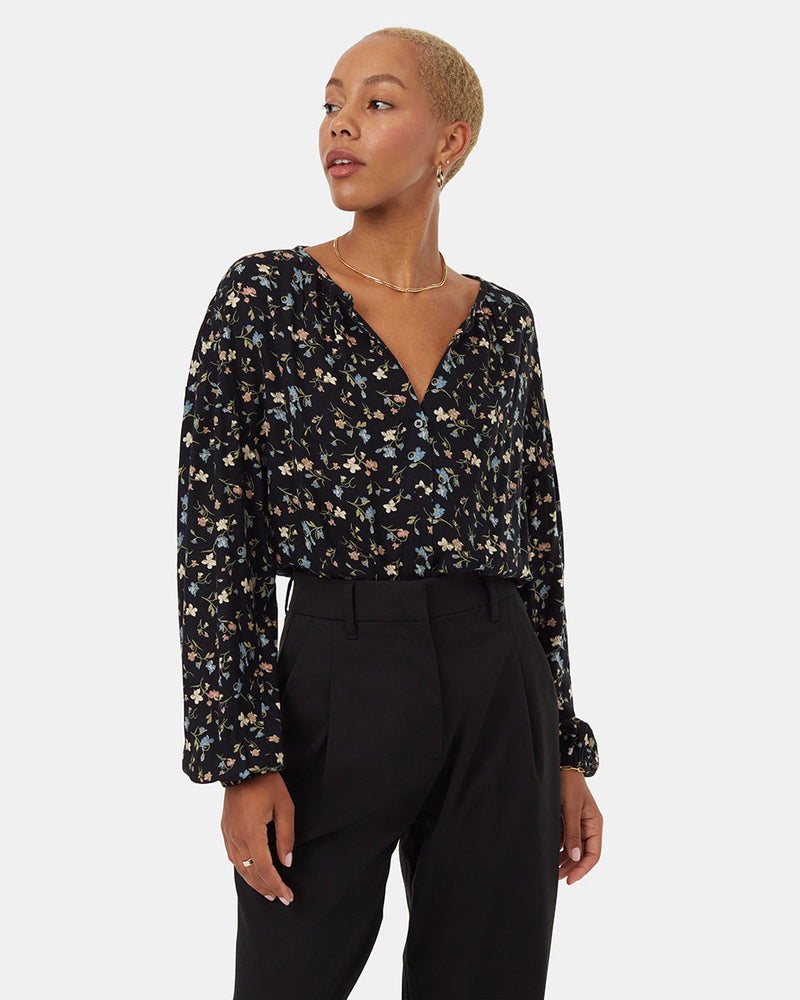 Black-V-Neck-Crepe-Long-Sleeve-Blouse