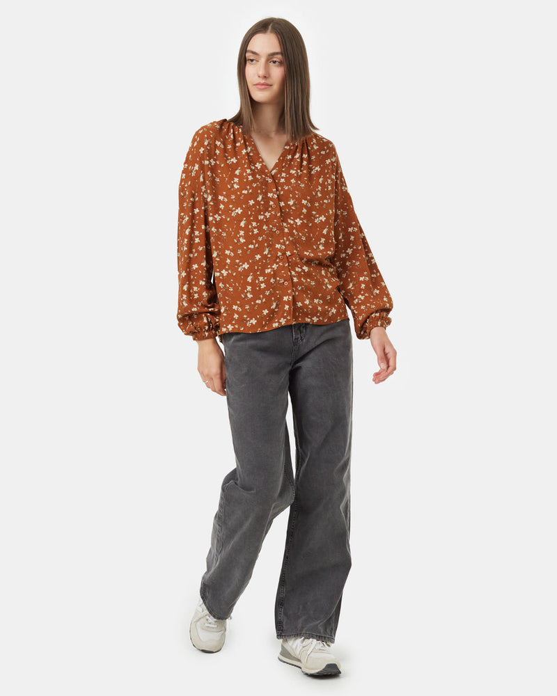 Brown-V-Neck-Crepe-Long-Sleeve-Blouse