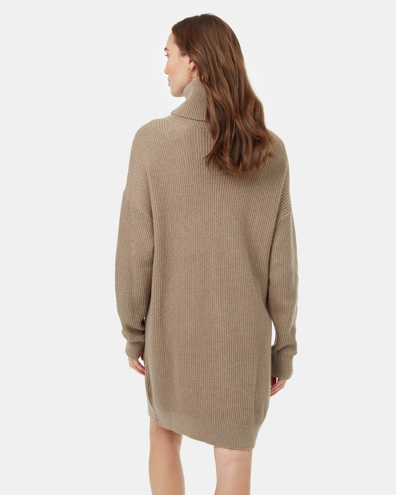 Brown-Turtleneck-Knee-Length-Oversized-Fit-Dress