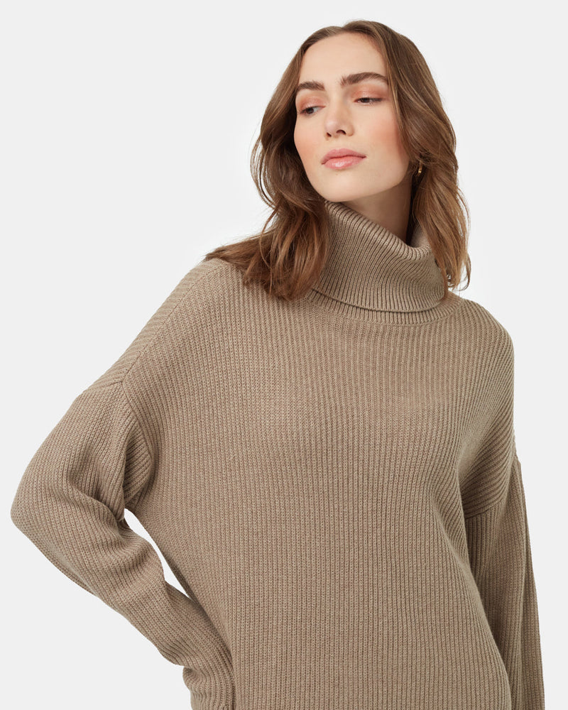 Brown-Turtleneck-Knee-Length-Oversized-Fit-Dress