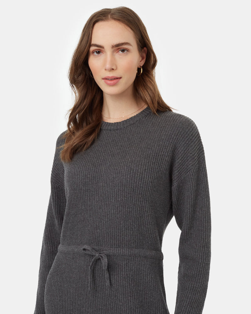 Grey-Drawstring-Sweater-Knee-Length-Long-Sleeve-Dress