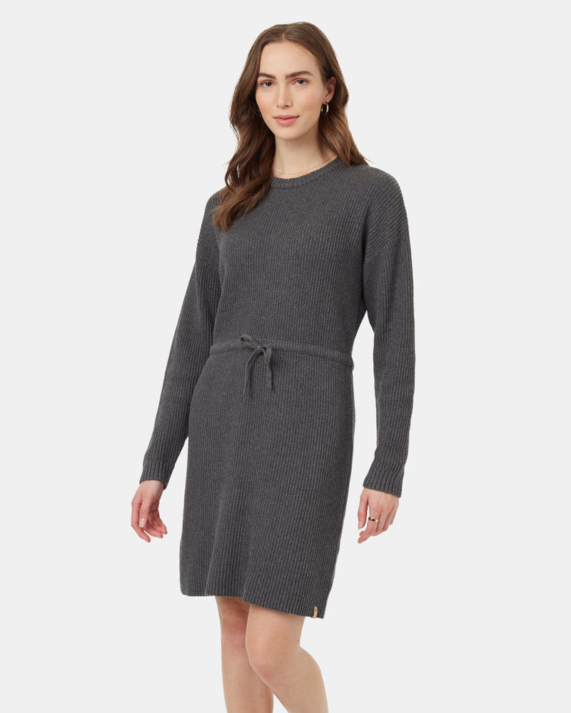 Grey-Drawstring-Sweater-Knee-Length-Long-Sleeve-Dress